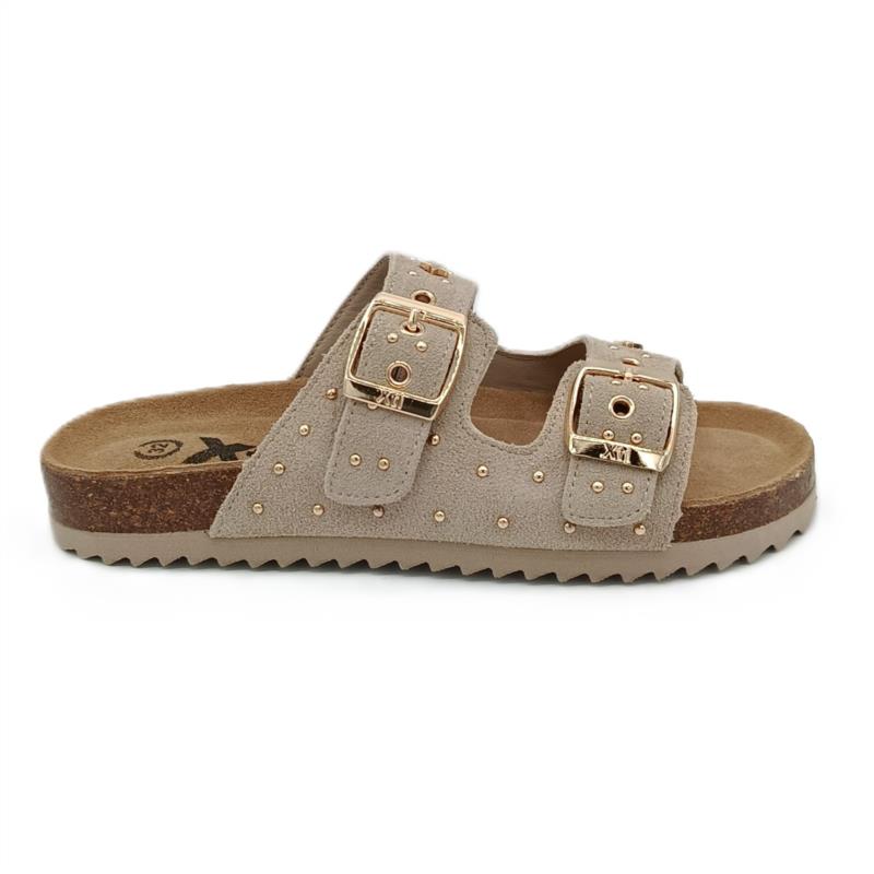 Sandalias serraje Beige tachuelas y 2 hebillas