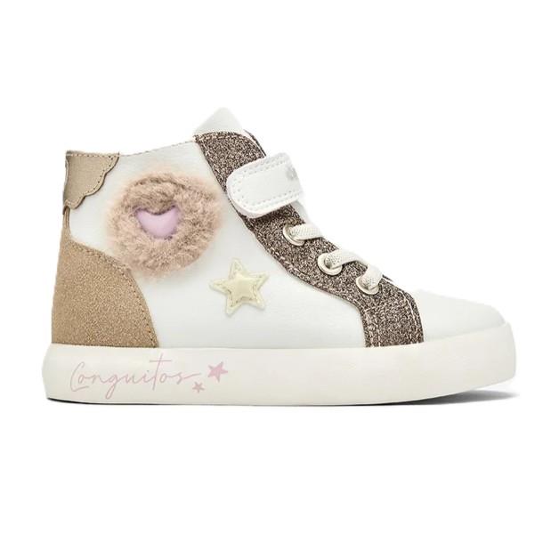 Deportivos altos en Blanco combinado con Glitter Oro 
